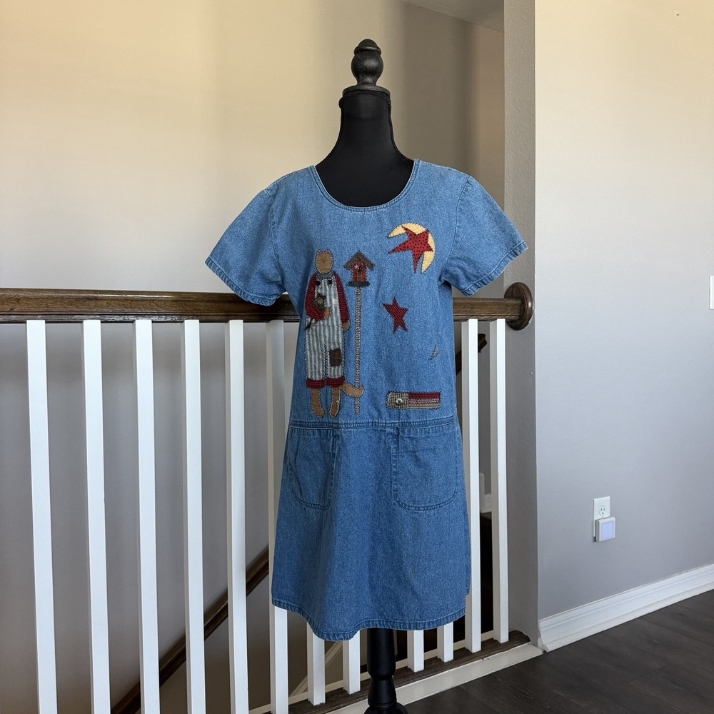 Vtg Haiks Denim Embroidered Cat Birdhouse Jumper Dress Small Cottage 90s Novelty